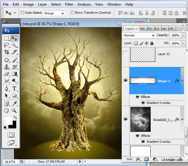 Golden apple tree. Magic scene. Adobe Photoshop Tutorial.